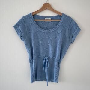 Vtg 70s 80s Blue Knit Capped Sleeve Fitted Top Sz S/M SWEETREE Acrylic Retro